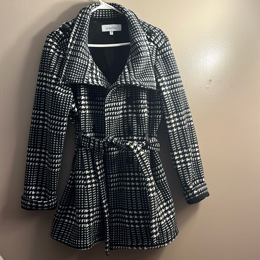 Sebby Black/White Juniors XL Double-Breasted Belted Plaid Long-Sleeve Coat